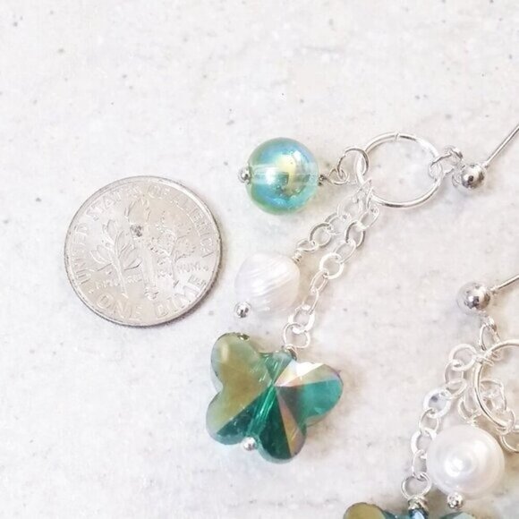 Flashy Teal Green Butterfly + Genuine Pearls! Handmade Cluster Dangle Earrings - Picture 4 of 6